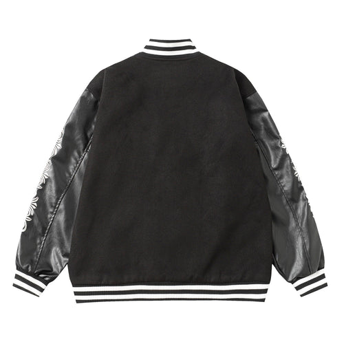 Cross Embroidered Leather Sleeve Varsity Jacket - Black Street Style 116